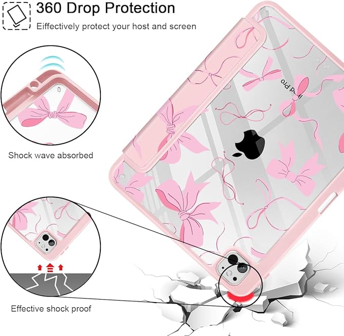 May Chen Case for iPad Pro 11-Inch M5/M4 2025/2024 (6th/5th Generation), Clear Transparent Print Back Shell Slim Stand Shockproof Tablet Cover, Auto Wake/Sleep, Pink Bows P631