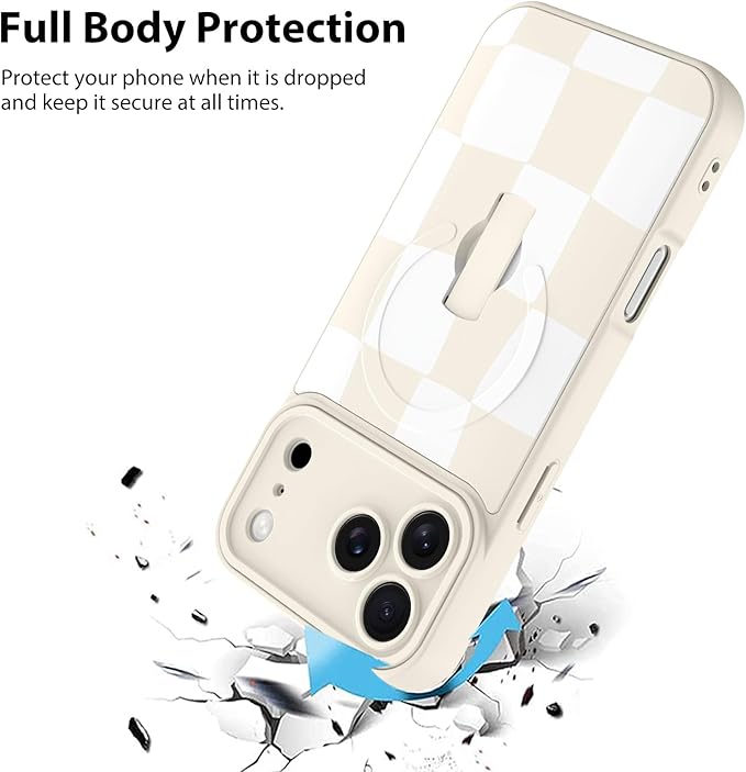 KANGHAR Compatible with iPhone 17 Pro Case, Support for MagSafe, Silicone Checkered Cute Pattern, Wristband Kickstand Camera Protection Soft Slim Cover for Girls Women -White
