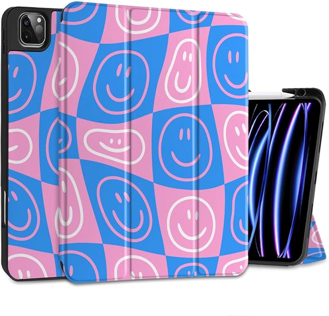 MEEgoodo Case for iPad Pro 12.9 Case M2 6th/5th/4th/3rd Generation 2022 2021 2020 2018, Protective Tablet Cover with Soft Back Shell for Kids, Smiling Faces & Checkered