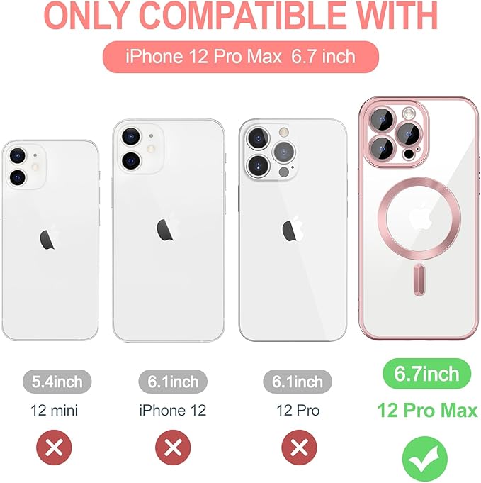 Hython Magnetic Clear for iPhone 12 Pro Max Case with Camera Lens Protector [Compatible with MagSafe] Plating Edge Slim Soft TPU Cover Protective Phone Case for iPhone 12 Pro Max 6.7", Matte Pink