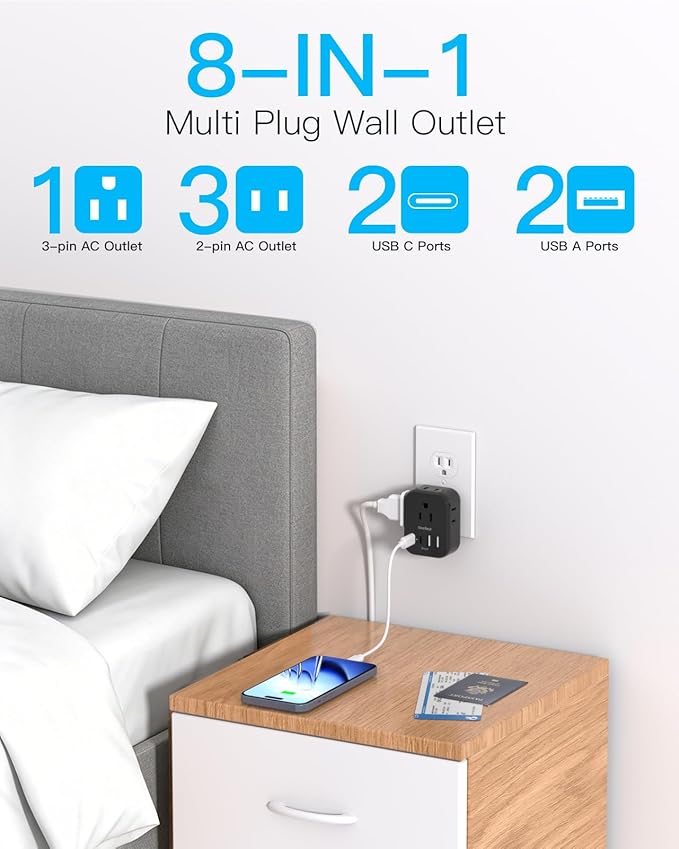 Travel Cruise Ship Essentials, Multi Plug Wall Outlet Extender with 4 Outlets 4 USB (2 USB-C), Cruise Approved Power Strip Non Surge Protector, USB Wall Charger, Small USB Outlet Plug Adapter, Black