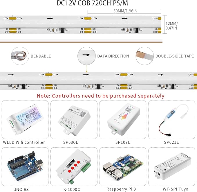 Smart WS2811 IC RGB COB LED Strip 16.4FT/5M, 720LED/m 20IC/M 12mm Width High Density Uniform Chasing Color Light DC12V White PCB Flexible Tape Light(No Adapter or Controller)