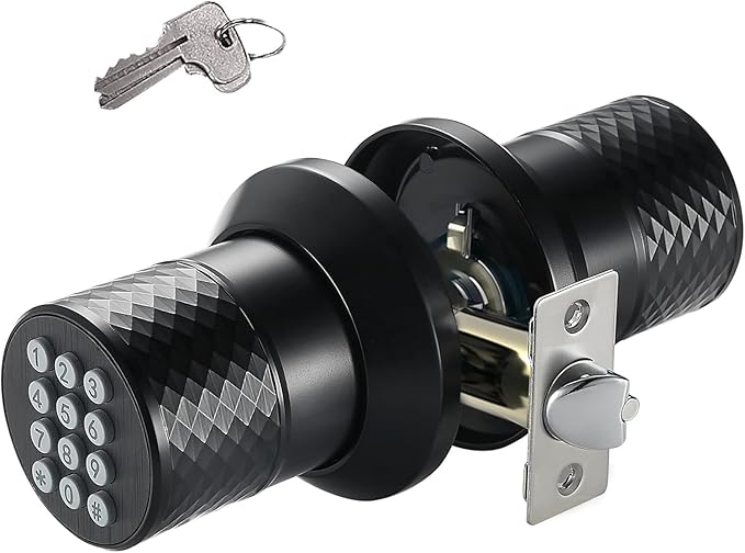 Keypad Door Knob Lock, Keyless Entry Door Knob with Anti-Slip Handle, Auto Lock, Electronic Black Door Knob, Safe and Easy Installation for Home, Office, Hotel and Garage