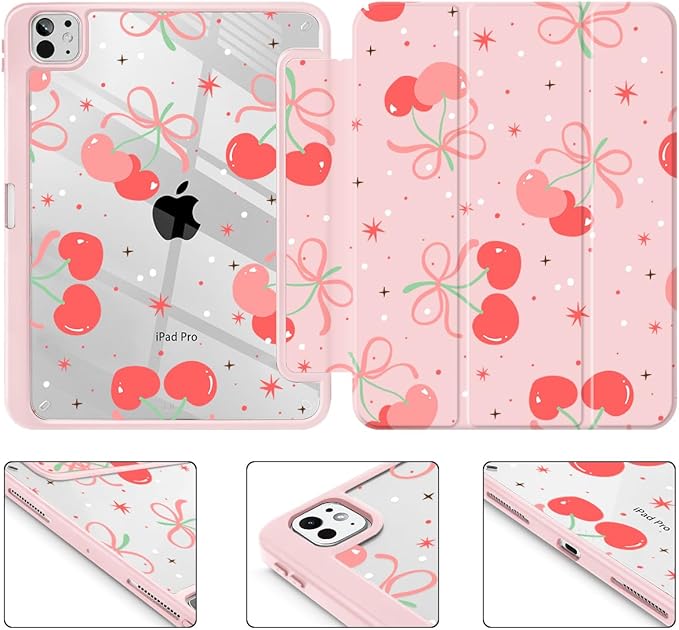 May Chen Case for iPad Pro 11-Inch M5/M4 2025/2024 (6th/5th Generation), [Penceil Holder] Trifold Stand Auto Wake/Sleep Clear TPU Protection Back Cover, Coquette Cherry