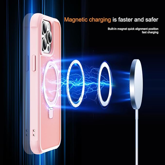 SKYLMW Compatible with iPhone 12 Pro Max Case & iPhone 13 Pro Max Case with Invisible Magnetic O-Ring Stand Translucent Phone Cases 6.7" [Compatible with Mag-Safe][Great Grip Feeling], Pink