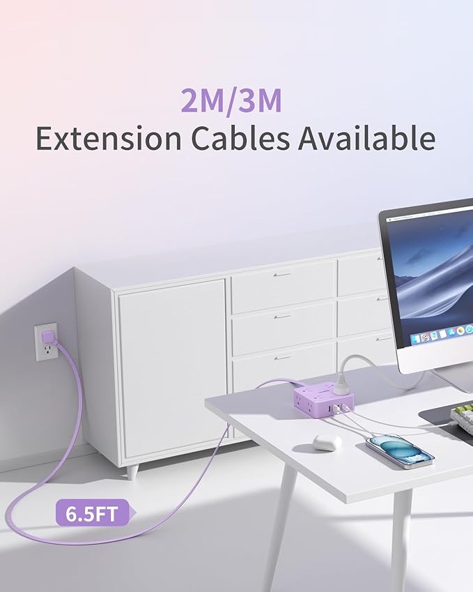 Extension Cord with Multiple Outlets, SMALLRT Surge Protector, 10FT Flat Plug Power Strip, Power Strips with Surge Protection with USB Ports, 8 Outlets, Outlets Extender for Home Office, Purple