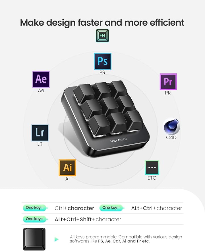 Vaydeer One-Handed Mechanical Keyboard Support NKRO, Hotkeys, One-Click Start,9 Fully Programmable Keys with Floating Window and Macro Multifunctional Keypad for iOS,Windows, Gift Idea for Him/Her