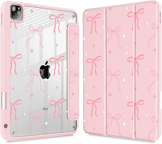 Tuiklol for iPad Pro 12.9 Inch 6th/5th/4th/3rd Generation 2022 2021 2020 2018 Case,Built-in Pencil Holder Clear Transparent Protective Back Shell Cover with Auto Sleep/Wake, Pink Bows