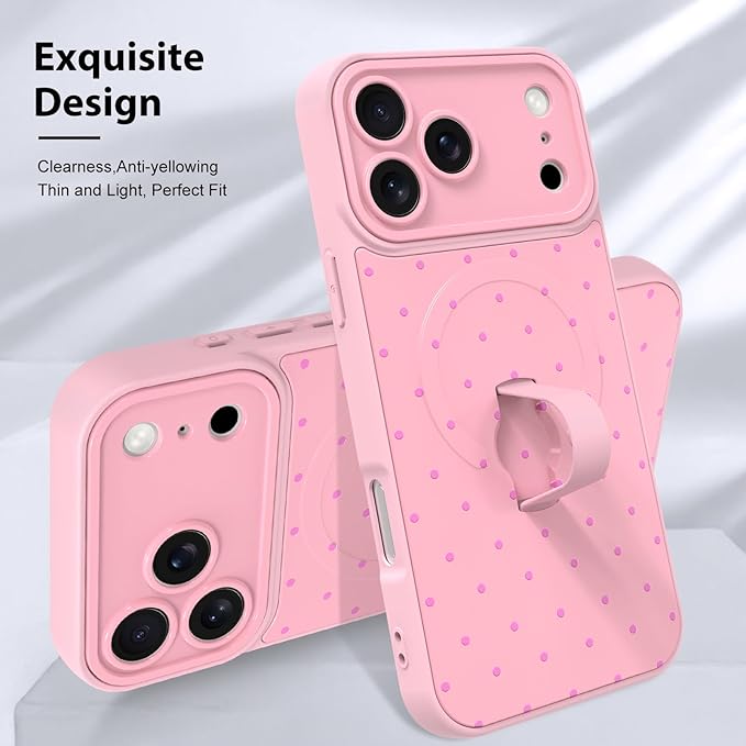 KANGHAR Compatible with iPhone 17 Pro Max Case, Support for MagSafe, Silicone Spot Cute Pattern, Wristband Kickstand Camera Protection Shockproof Soft Slim Cover for Girls Women, Pink