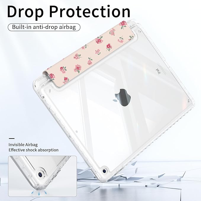 Case for iPad 10.2-inch 9th Generation (2021)/ 8th Generation (2020)/ 7th Gen (2020), Protective Slim Clear Back Cover with Pencil Holder, Trifold Sturdy Stand, Pink Ditsy Floral