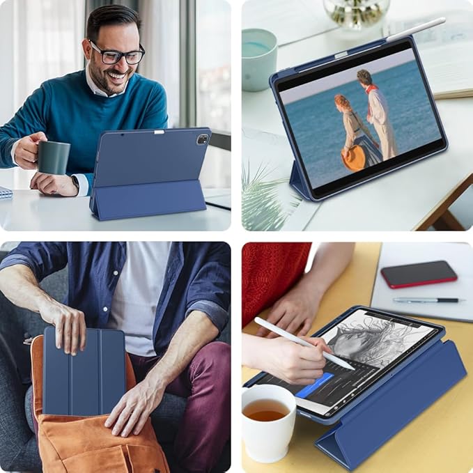 DTTO for iPad Air 13 Inch Case M4/M3/M2 2026/2025/2024, iPad Pro 12.9 Inch Case (6th/5th/4th/3rd Gen), Smart Slim Trifold Stand Soft Cover with Pencil Holder, Navy Blue