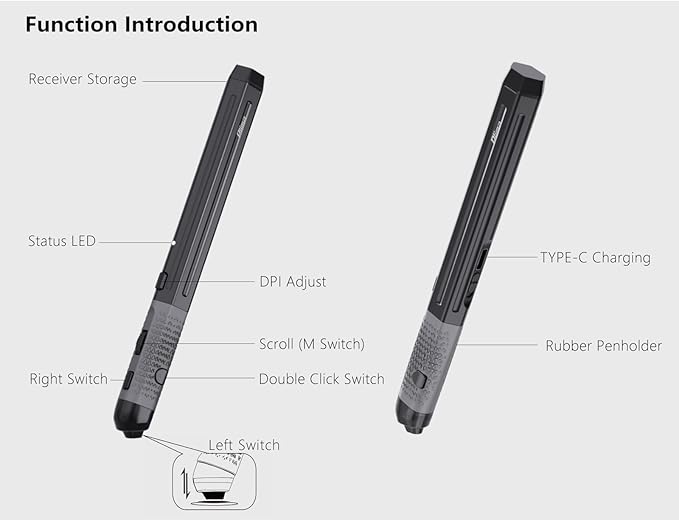 Plima Pocket Pen Mouse - Ergonomic Wireless Optical Mouse with 2.4G & Bluetooth 5.0 Reduce Wrist Strain & Carpal Tunnel Portable Stylus-Grip Design for Laptop, iPad, Mac & Windows (Black)