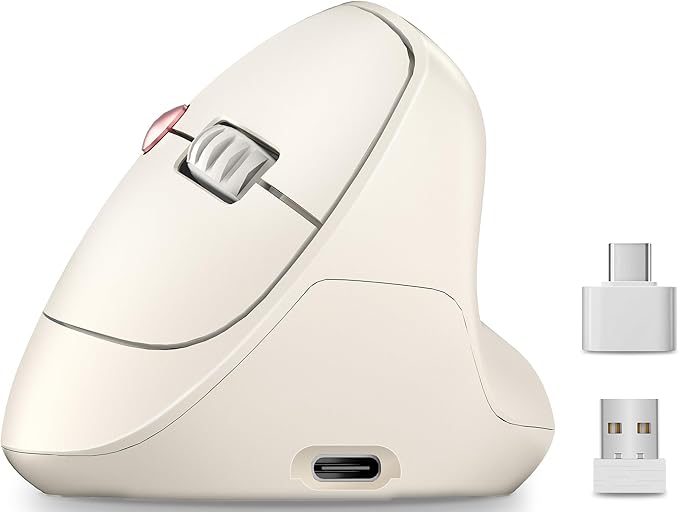 Ergonomic Vertical Wireless Mouse, 57° Natural Handshake for Wrist Pain Relief, Rechargeable 2.4G USB Computer Mouse, Quiet Click, 800/1200/1600 DPI, for Laptop PC Mac, Small/Medium Hands (Beige)