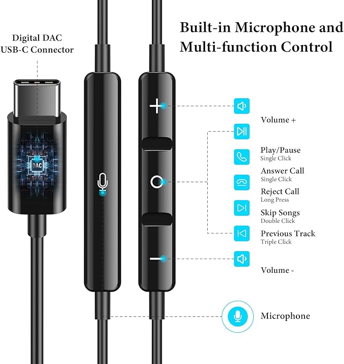 APETOO USB C Headphone for iPhone 17 16 15 Pro Max/iPad, HiFi Stereo Type C Earphones USB-C Wired Earbuds with Microphone Volume Control for Samsung S25/S26/S24/S23/S22/S21/Pixel/for OnePlus/Android
