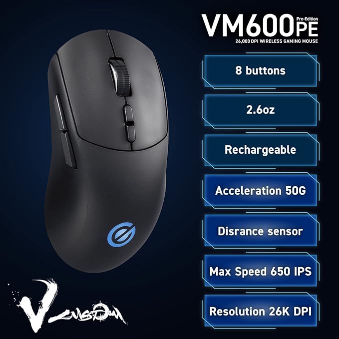 ELECOM V Custom VM600PE Wireless Gaming Mouse, 26K DPI Optical Sensor, 75g Ultra Lightweight, RGB LED, Rechargeable 95 Hr Battery Life, 8 Programmable Buttons, 100 Million Clicks, Grip Tape (Black)