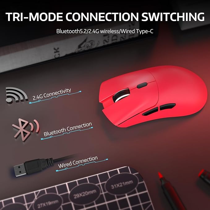 ATTACK SHARK R1 Wireless Gaming Mouse,Tri-Mode Connection (2.4G/Wired/BT5.2),55g Lightweight,18K DPI Optical Sensor,HUYU 20 Million Key Life,Ergonomic Design,for PC/Laptop/Win/Mac(Red)