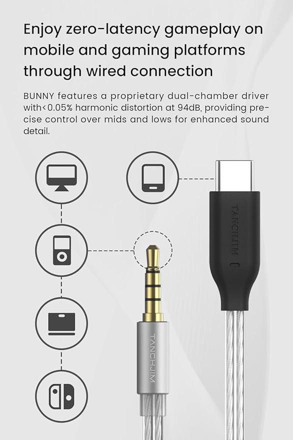Bunny Gaming Earphones with Single Dynamic Dual-Chamber Driver, Wired Earbuds IEM, 1DD 0.78 2pin Monitor with Bass Boot Maze Cavity, Entry-Level HiFi in-Ear Headphones with Mic - USB Type C