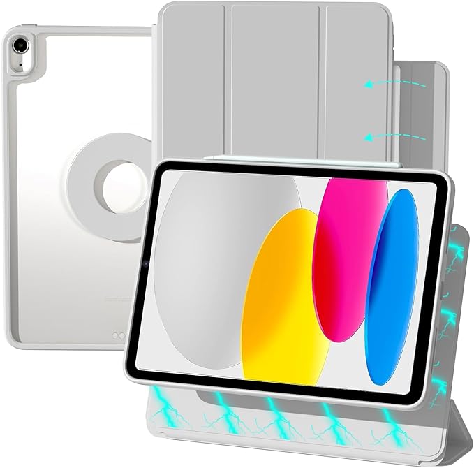 ZENLU iPad 10th 11th Generation Magnetic Case with Removable Folio Cover, Semi-Silicone Leather, Vertical Stand, Clear Back, Smart Sleep/Wake, Full Protective Case for iPad 10 & 11(A16) (Grey)