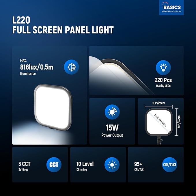 NEEWER BASICS15W 10.8" LED Video Light Panel Lighting Kit with 63" Tripod Stand/Phone Holder,Edge Lit Bi Color Dimmable Full Screen Light 816lux CRI95+ for Photography Filming Recording Streaming,L220