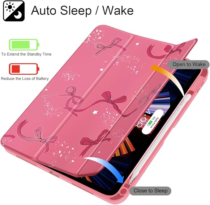 Tuiklol for iPad Pro 12.9 Inch 6th/5th/4th/3rd Generation 2022 2021 2020 2018 Case,Built-in Pencil Holder Clear Transparent Protective Back Shell Cover with Auto Sleep/Wake, Bow-Watermelon Red