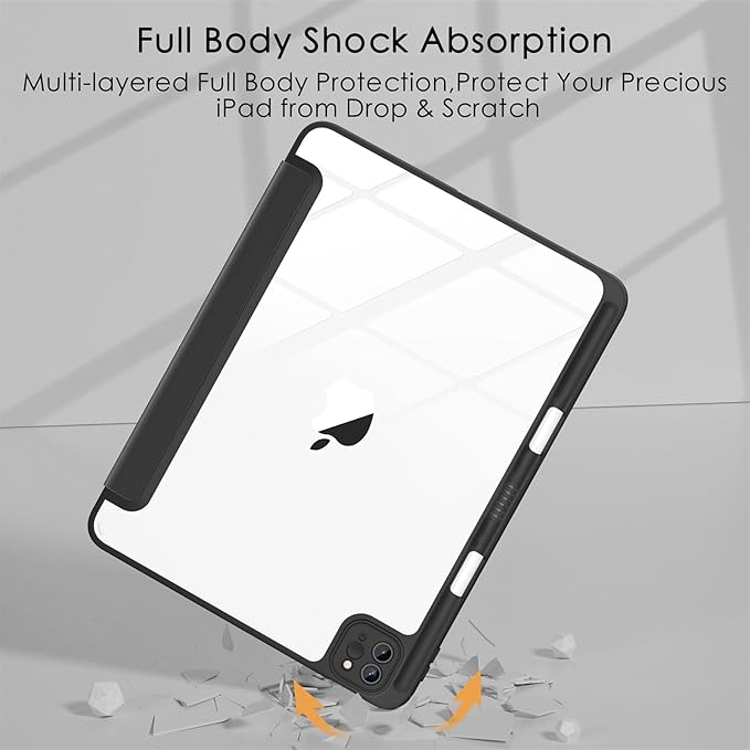 Soke Case for iPad Pro 12.9 Inch (6th/5th/4th/3rd Generation, 2022/2021/2020/2018) - Pencil Holder + Auto Sleep/Wake + Camera Protection, Transparent Shockproof Back Cover, Book Black