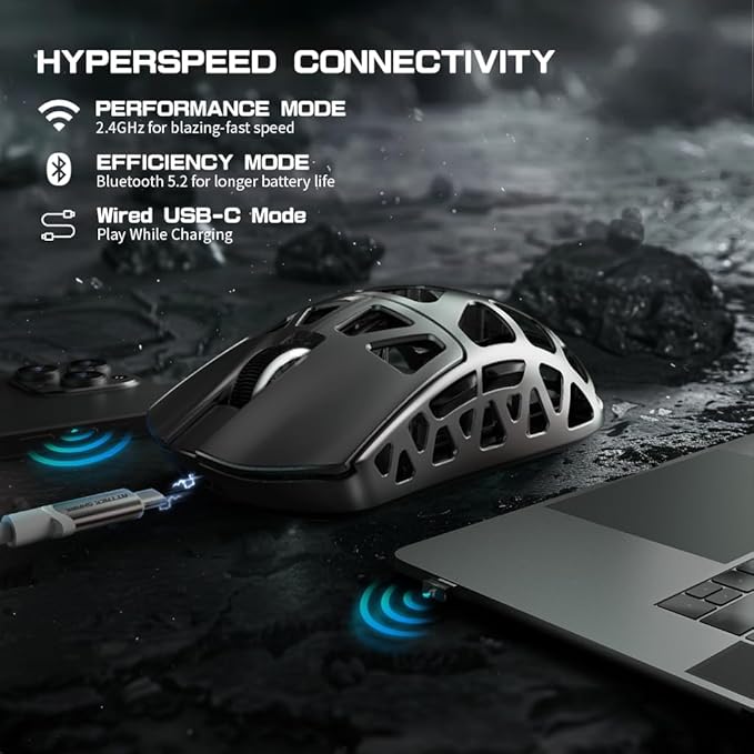 FELICON x Attack Shark R3 Magnesium Alloy Wireless Gaming Mouse, 46g Ultra-Lightweight Skeletal Shell, PAW3395 26K DPI, 8K Polling, Tri-Mode 2.4G/BT/Wired, for PC Mac Laptop - Gray