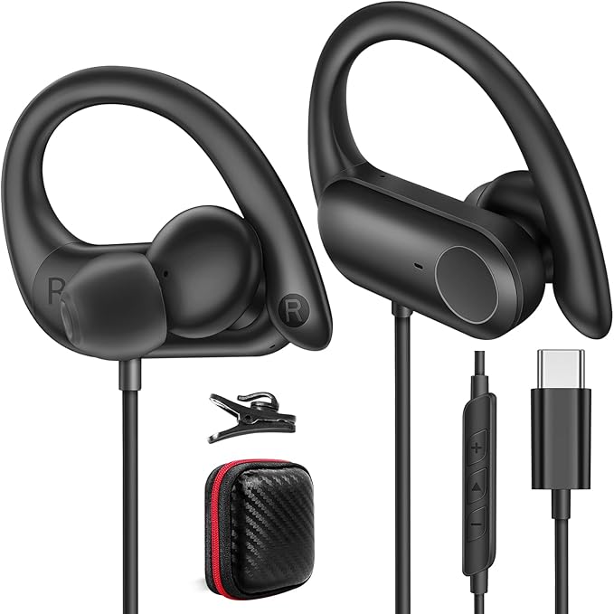 APETOO USB C Headphones with Earhook Mic & Volume Control, Type C Workout Wired Earbuds HiFi Stereo Sound in-Ear Sports Earphone for iPhone 17 16 15/Samsung/Google Kids Chromebook Laptop Travel, Black