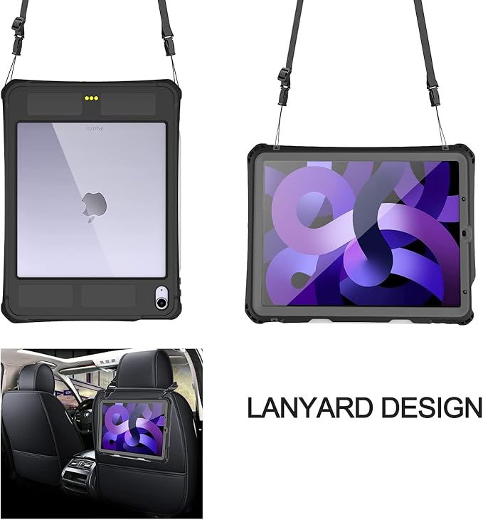 Waterproof Case Compatible with iPad Air 11inch (M2)/5th/4th Gen 10.9inch, Full Body Protective Case with Screen Protector, Pencil Holder, Kickstand, Strap, Shockproof, Dustproof Cover Black