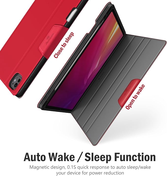 Antbox for iPad Pro 13 Inch Case M5 2025/M4 2024, Built-in Pencil Holder, Supports Pencil Pro/(USB-C), Auto Sleep/Wake, PU Leather (Red)