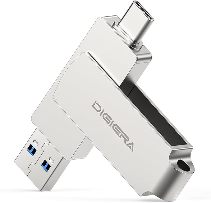 DIGIERA 128GB 2‑in‑1 USB‑A & USB‑C Flash Drive, USB 3.2 Gen 1 Thumb Drive, 500MB/s Read 400MB/s Write, 360° Swivel Compact Aluminum Memory Stick for File Transfer, Backup & Travel Storage