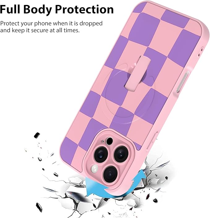 KANGHAR Compatible with iPhone 16 Pro Case, Support for MagSafe, Silicone Checkered Cute Pattern, Wristband Kickstand Camera Protection Soft Slim Cover for Girls Women -Pink