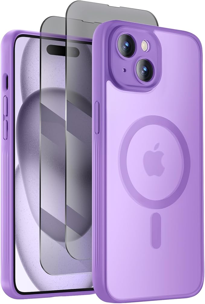 Symcele Designed for iPhone 15 Case, Compatible with MagSafe, with Privacy Screen Protectors X2, [Camera Protection] [15FT Military Drop Protection] Shockproof Phone Case, 6.1", Light Purple