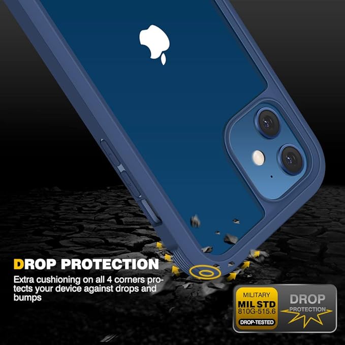 Diaclara Designed for iPhone 12/12 Pro Case, Full Body Rugged with Built-in Touch Sensitive Anti-Scratch Screen Protector, Soft TPU Bumper Case for iPhone 12/12 Pro 6.1" (Dark Blue and Clear)