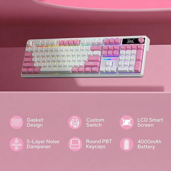 Redragon K762 Wireless Gasket Gaming Keyboard w/Hype Screen & Knob, 104 Keys Mechanical Keyboard, Easy-Control 1.14’’ TFT Info Display, 5-Layer Noise Dampening, Round PBT Keycaps, Custom Linear Switch