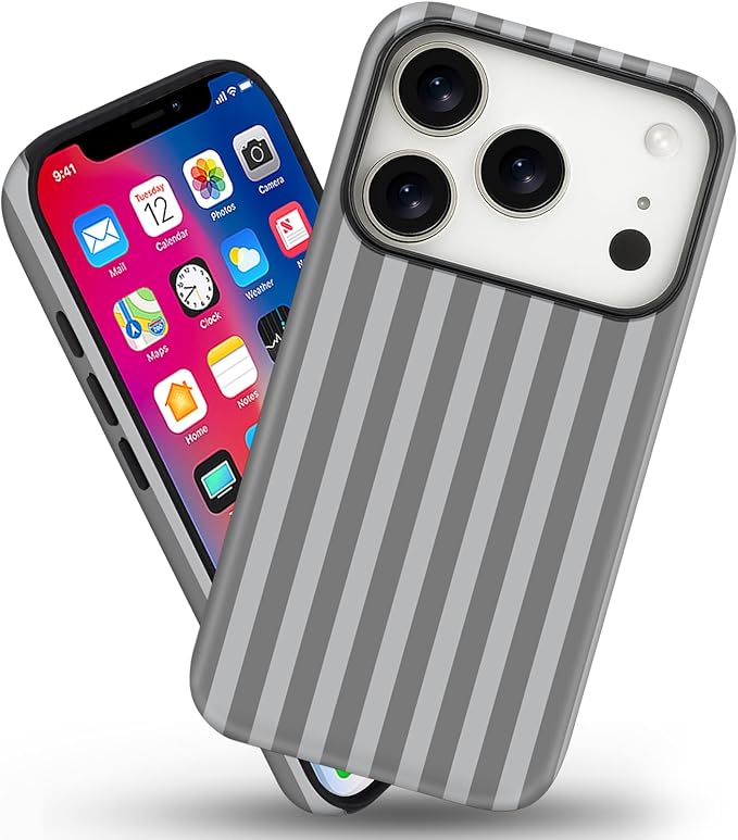 Magnetic for iPhone 17 Pro Max Case Cute Stripes Phone Case, Shockproof Slim TPU and Hard PC Protective Phone Cover Compatible with MagSafe Designed for Women Girls, Gray