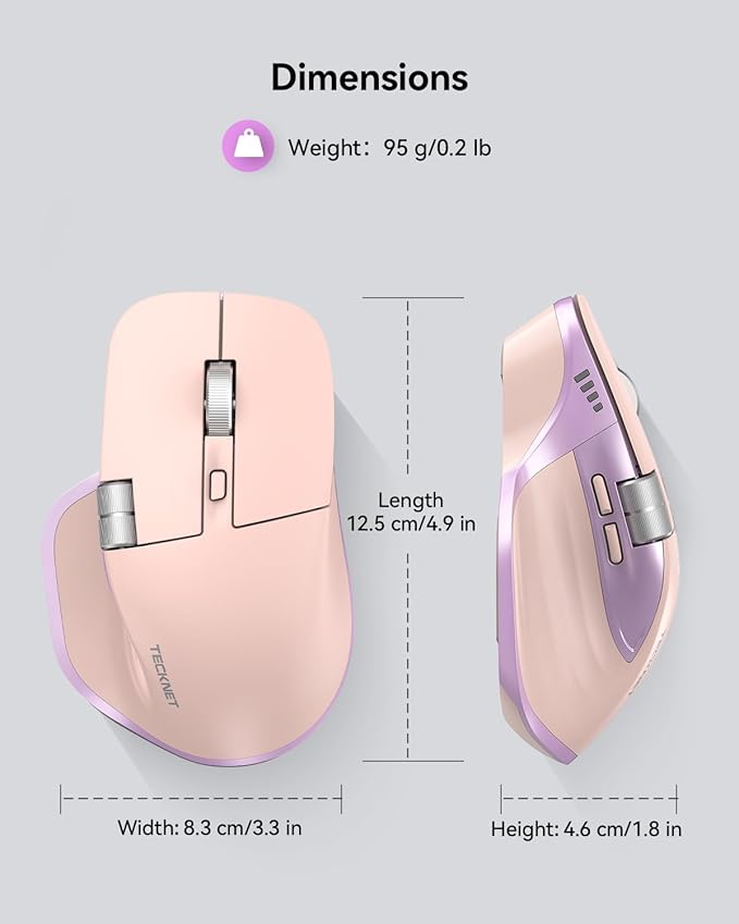 TECKNET Wireless Mouse, Bluetooth Mouse (BT5.3/5.0 & 2.4G) Rechargeable Ergonomic Optical Mouse with 6 Adjustable DPI, Side Scroll, USB A Receiver, 7 Buttons, Wide Compatibility - Pink & Purple