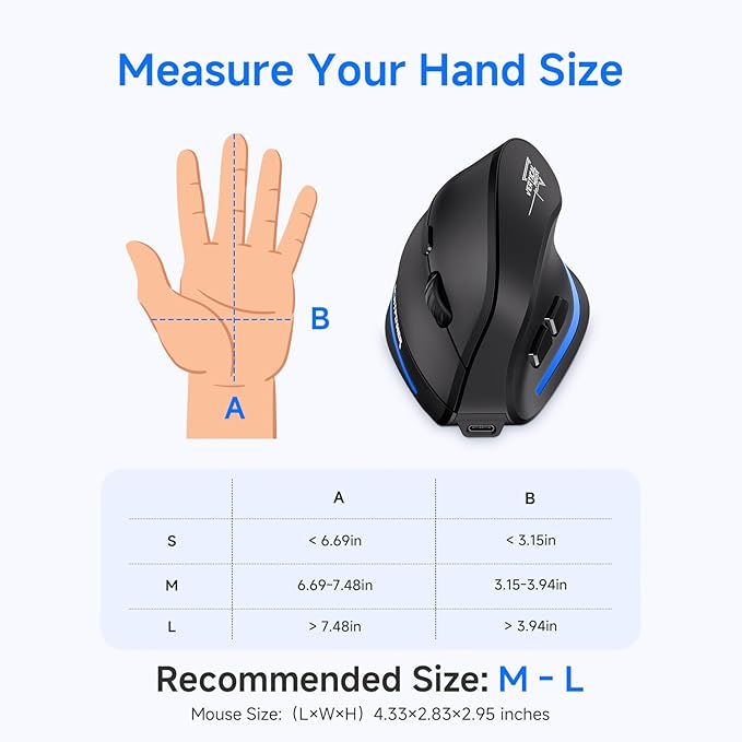 ECHTPower Wireless Bluetooth Mouse, Ergonomic Mouse with LED Light, Tri-Mode BT5.0+BT5.0+2.4GHz, Vertical Mouse Adjustable DPI 2400/1600/1000, Rechargeable Mice for PC, Laptop, Mac, Window