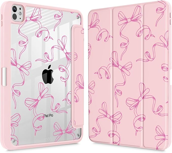 May Chen for iPad Pro 13 Inch Case M5 2025 / M4 2024, Built Pencil Holder & Clear Transparent Print Back Shell Slim Stand Shockproof Tablet Cover, Auto Wake/Sleep, Pink Bows P565