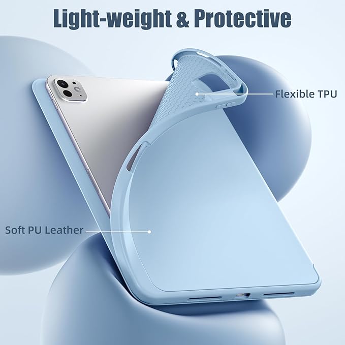 Kidopire New Compatible with iPad Pro 11 Inch Case (M4 2024/M5 2025) with Pencil Holder, Smart Cover with Protective Trifold Stand & Soft TPU Back, Auto Wake/Sleep, Support Pencil Pro, Sky Blue