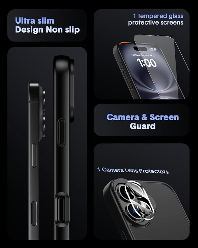 for iPhone 16 Case,Compatible with MagSafe, Includes Tempered Glass Screen & Lens Protectors, Translucent Matte Anti-Fingerprint, Slim Full-Body Military Grade Shockproof case