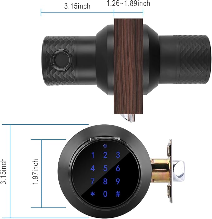 Fingerprint Door Knob, FITNATE Smart Fingerprint Lock with Tuya App Control,255 Users,Password Management, Anti-Slip Handle Door Knob for Bedroom,Home,Hotel,Office