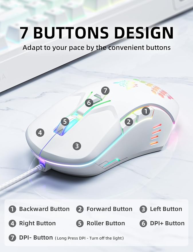 Wired PC Gaming Mouse: High Precision Sensor,RGB Backlit, Adjustable DPI, 7 Buttons Programmable,Ergonomic mice for Office & Gaming on Windows/Mac/Linux/Chrome-White