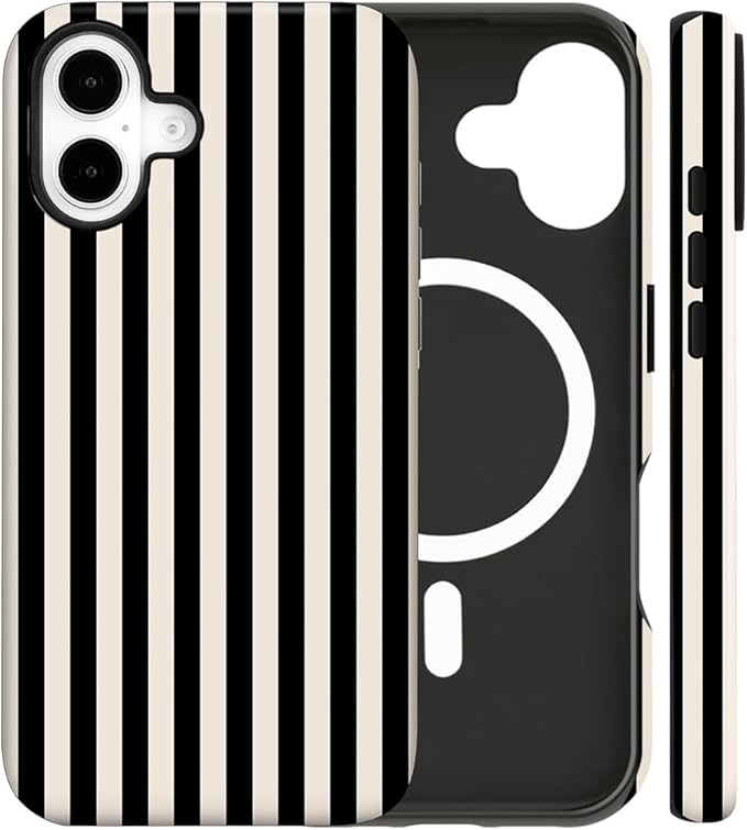 Magnetic for iPhone 16 Case Cute Stripes Phone Case, Shockproof Slim TPU and Hard PC Protective Phone Cover Compatible with MagSafe Designed for Women Girls, Black and White