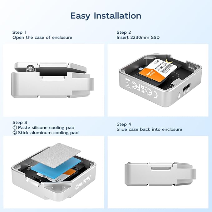 MAIWO M.2 2230 NVMe SSD Enclosure USB 3.2 GEN2 10Gbps Speed Tool Free Metal Case, Support iPhone 4K ProRes Recording, Compatible with M.2 2230mm NVMe M-Key/SATA B+M Key SSD