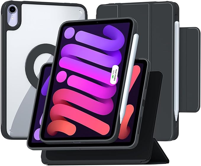 ZENLU iPad mini 6th 7th Generation Case with Removable Magnetic Folio Cover, Premium PU Leather, Multiple Angles, Pencil Charging Support, Full Protective Case for 8.3 inch iPad mini 6/7 (Black)