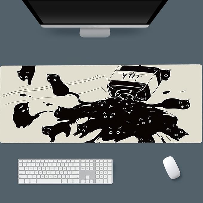 Gaming Mouse Pad XL Extended Anime Mouse Pad 31.5x11.8 inch, Large Cute Kawaii Big Computer Mouse Mat Desk Pad with Non-Slip Rubber Base and Stitched Edge for Home Office-Black Ink Cat