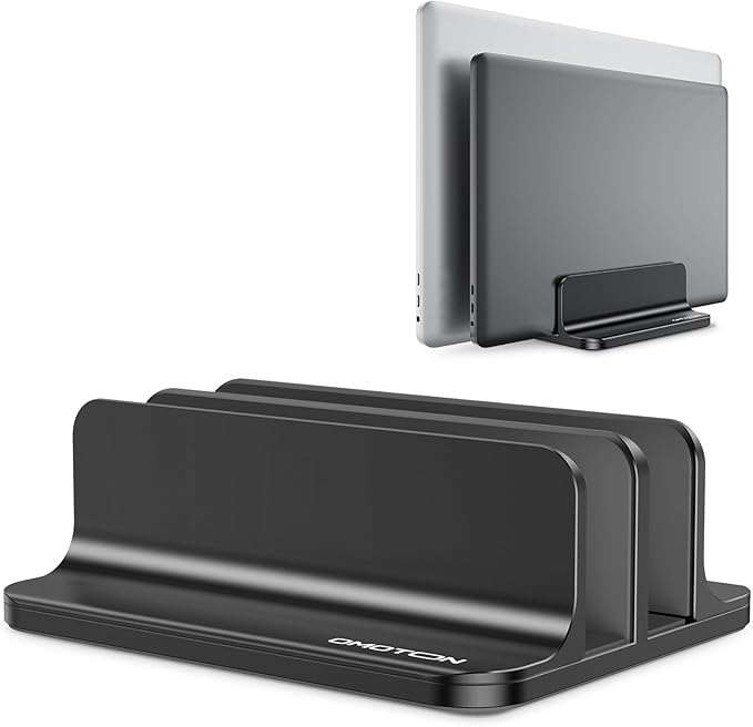 OMOTON Vertical Laptop Stand [Updated Double Version], Desktop Aluminum Mac Book Stand with Adjustable Dock Size, Fits All Mac Book, Surface, Chrome Book and Gaming Laptops (Up to 17.3 inch) (Black)