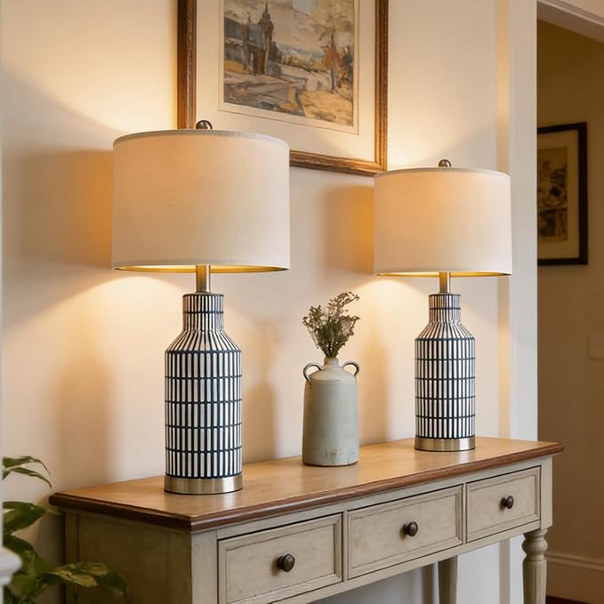 USumkky 25" Modern Ceramic Lamps Single Table Lamp for Living Room Bedroom Farmhouse Nightstand Bedside Lamps