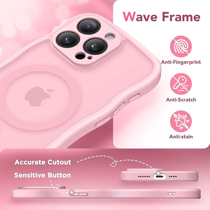 CAPRARO Cute for iPhone 15 Pro Case, Compatible with MagSafe, [Curly Wave Edge] [Full Camera Protection] [14 FT Drop Protection] Magnetic Phone Case for 15 Pro 6.1 Inch, Peach Pink