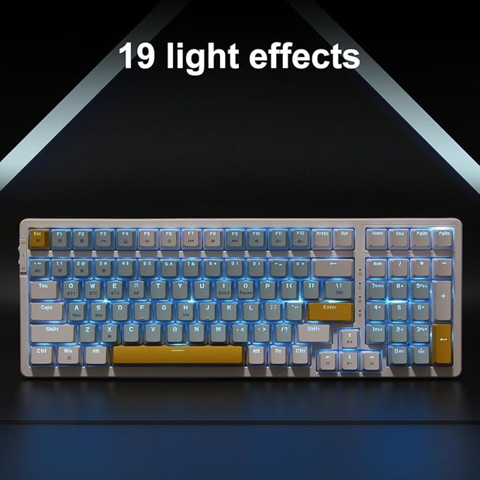 Merdia Wireless Mechanical Keyboard, Triple Mode 2.4G/USB-C/BT Gaming Keyboards 100 Keys Ice-Blue Backlit, Red Switch Keyboard | Rechargeable Mechanical Gaming Keyboards | Ice Blue/W/Y
